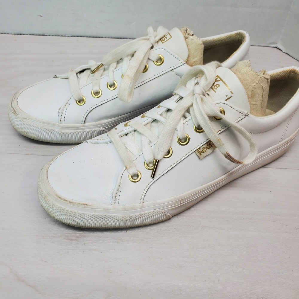 Keds Womens White‎ Leather Low Top Lace Up Sneakers Shoes Size 7 Gold Accents